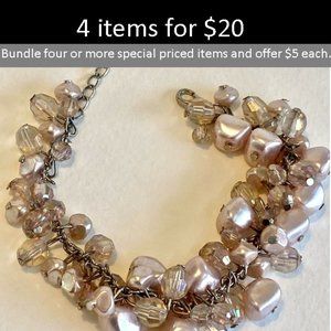 Silver-Toned Chain With Pink and White "Pearl" and "Crystal" Baubles